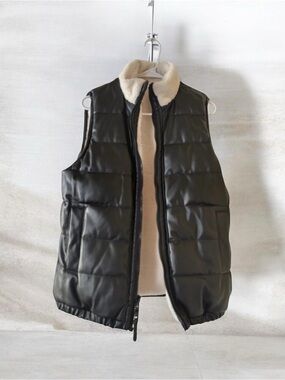 Rebecca Minkoff Black Quilted Puffer Vest with Cream Sherpa Collar